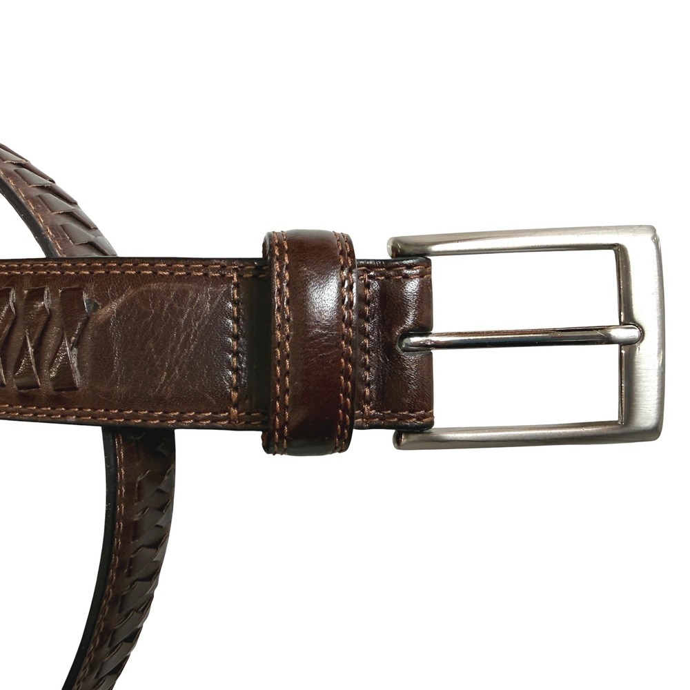 Cole Haan Leather Belt Mens 38 Brown Textured Silver Buckle Old Money Preppy - Picture 14 of 16
